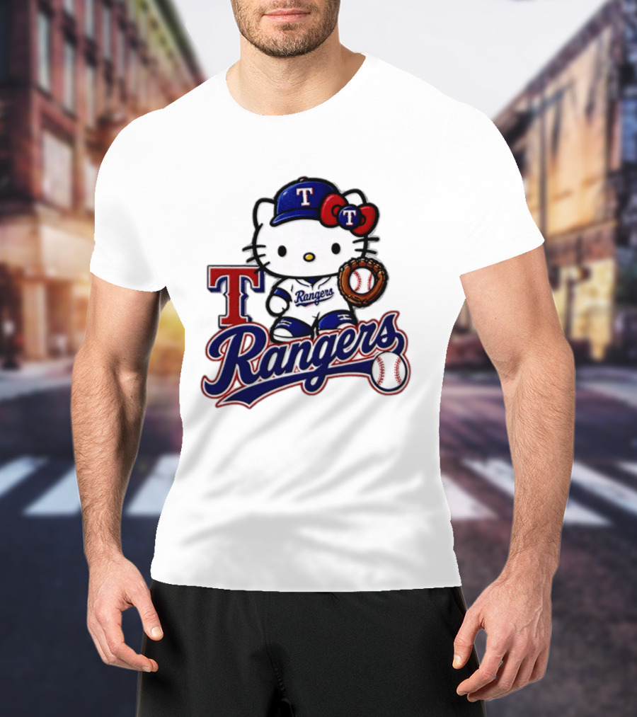 Hello Kitty Texas Rangers Baseball 2026 MLB Rangers Logo With Baseball Glove And Cap T-Shirt