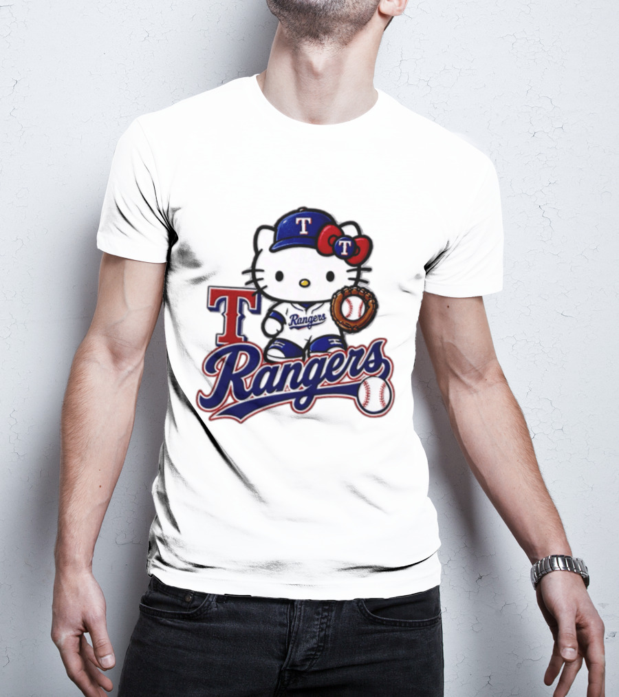 Hello Kitty Texas Rangers Baseball 2026 MLB Rangers Logo With Baseball Glove And Cap T-Shirt