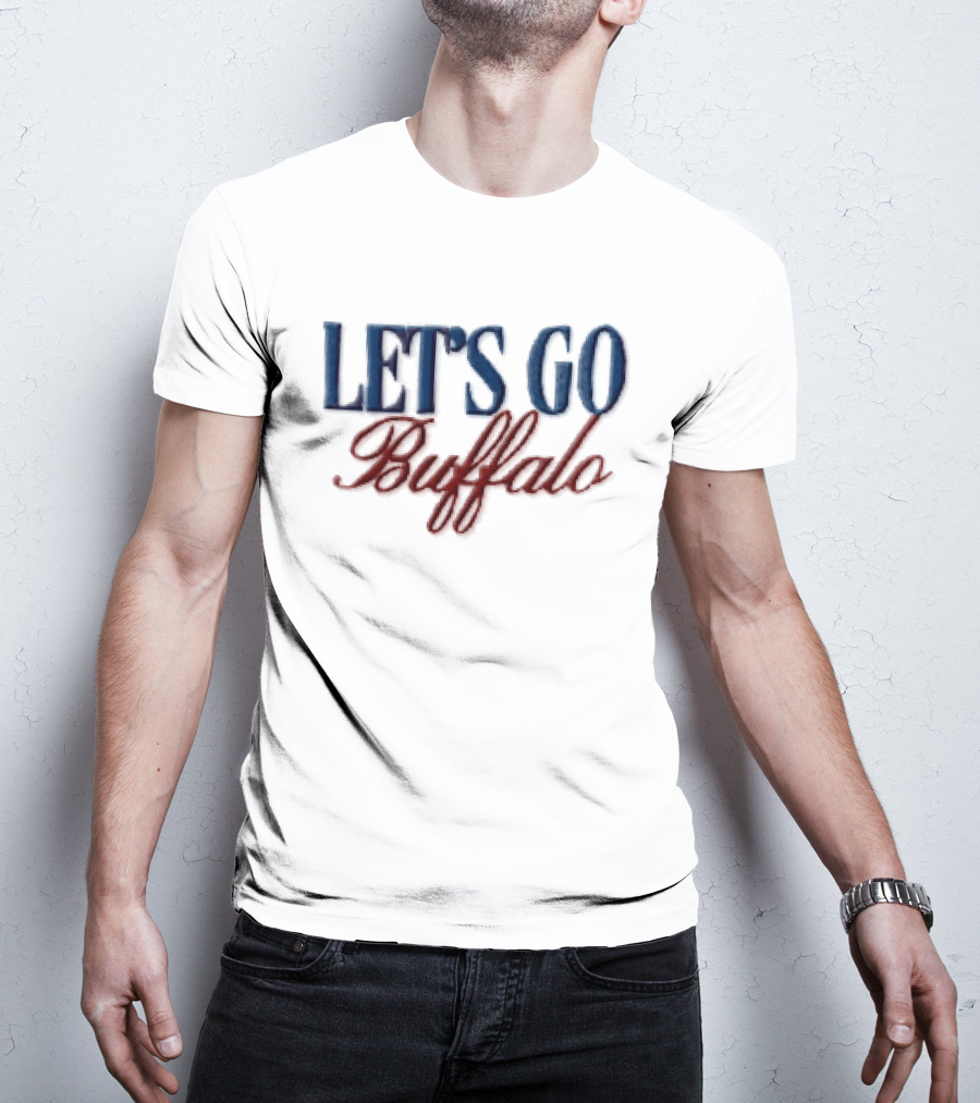 Let's Go Buffalo Blue Serif Red Cursive Embroidered T-Shirt