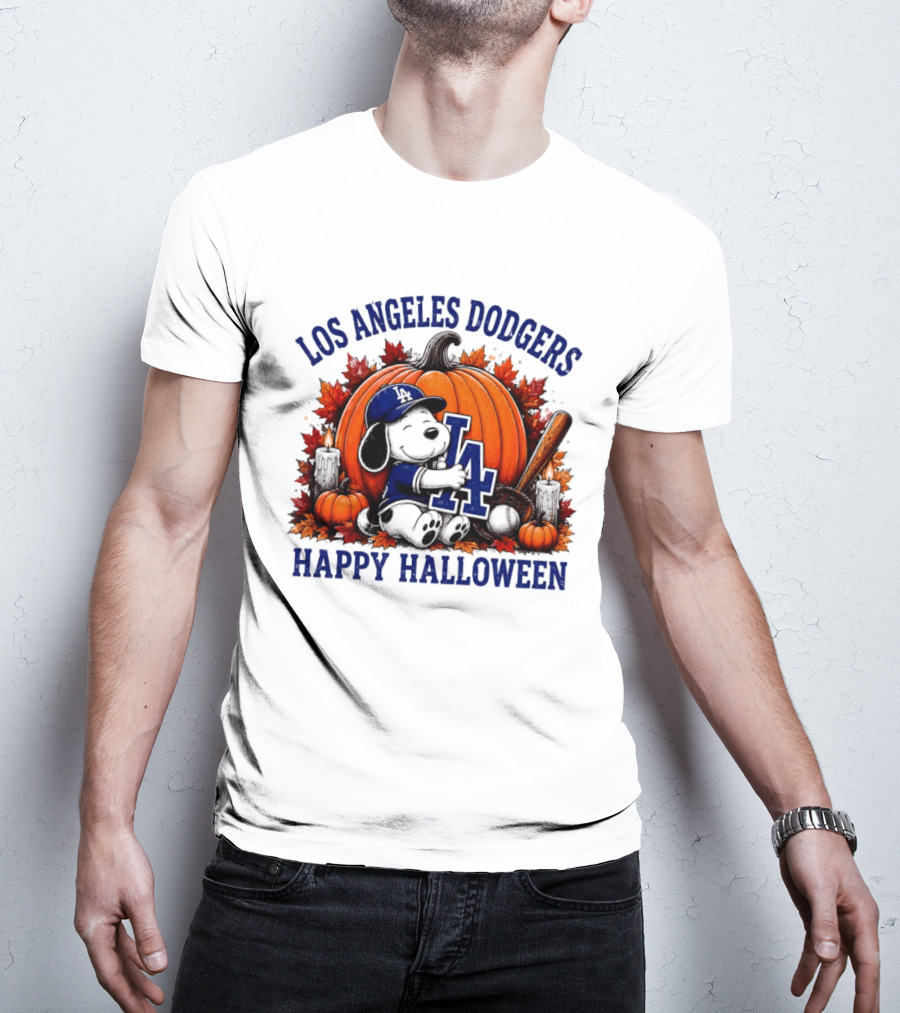 Los Angeles Dodgers Snoopy Hugging Pumpkin Happy Halloween Baseball T-Shirt