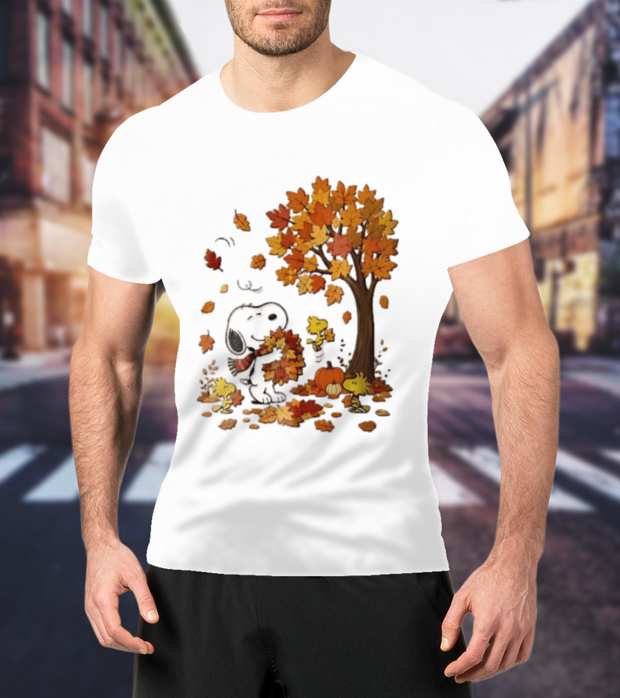Snoopy Woodstock Autumn Leaves Pumpkin Fall Season Vibes T-Shirt