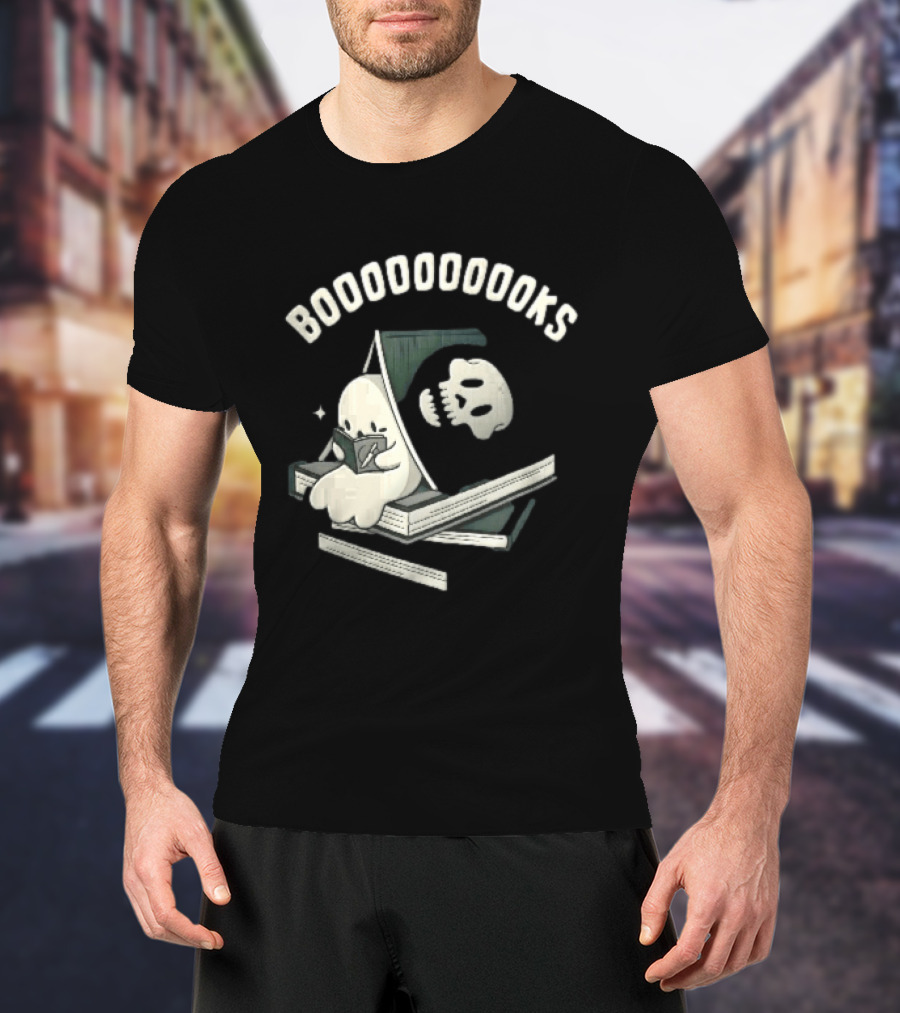 Boooooooooks Cartoon Ghost Reading Novel With Skeleton Specter T-Shirt