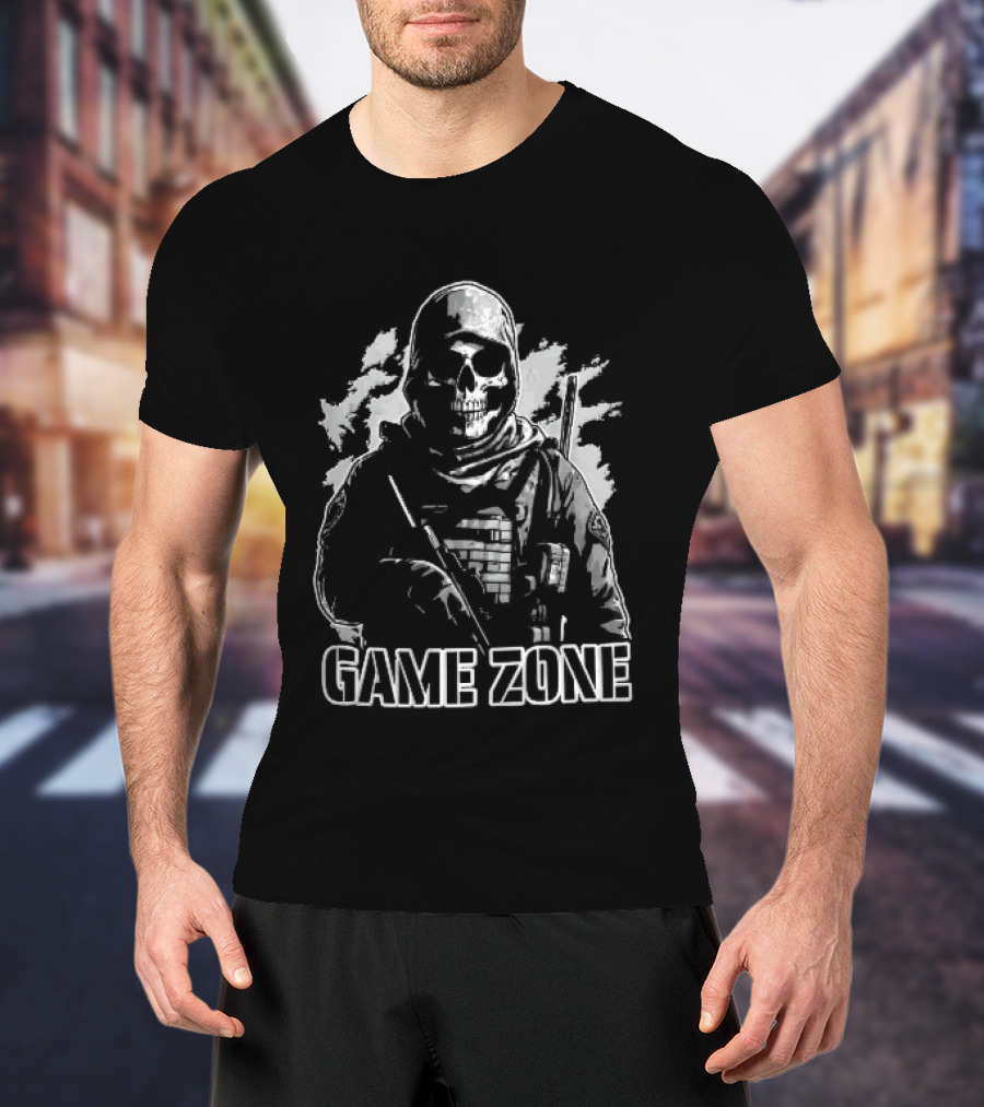 Game Zone Monochrome Skull Soldier Tactical Rifle Hooded T-Shirt