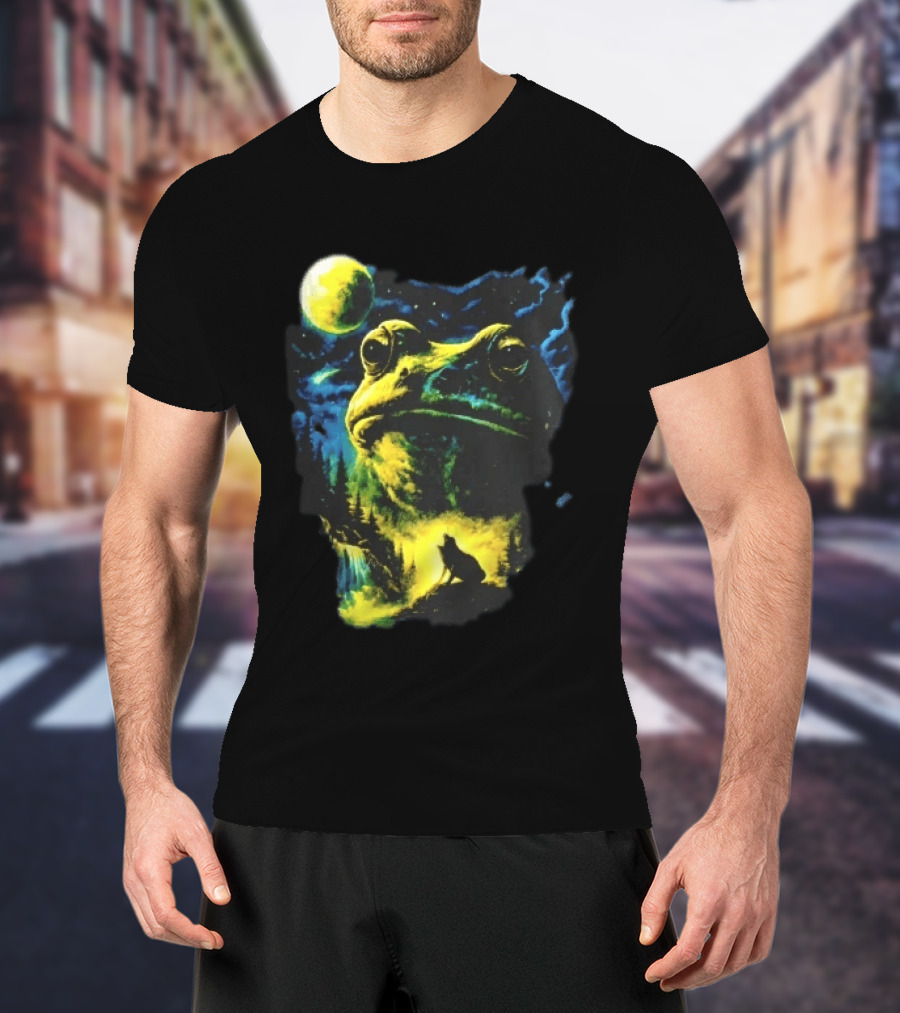 Giant Toad Glowing Moon Howling Waterfall Forest Mystic Scene T-Shirt