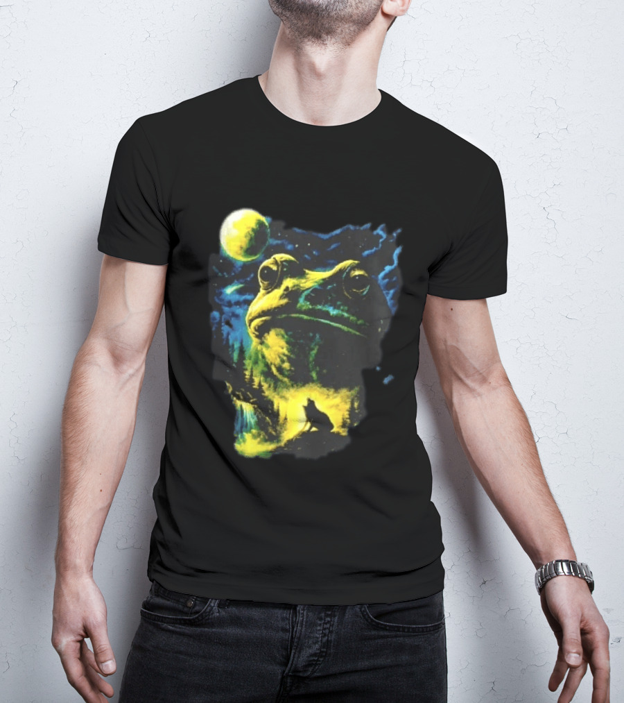 Giant Toad Glowing Moon Howling Waterfall Forest Mystic Scene T-Shirt