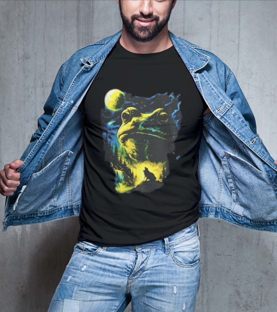 Giant Toad Glowing Moon Howling Waterfall Forest Mystic Scene T-Shirt