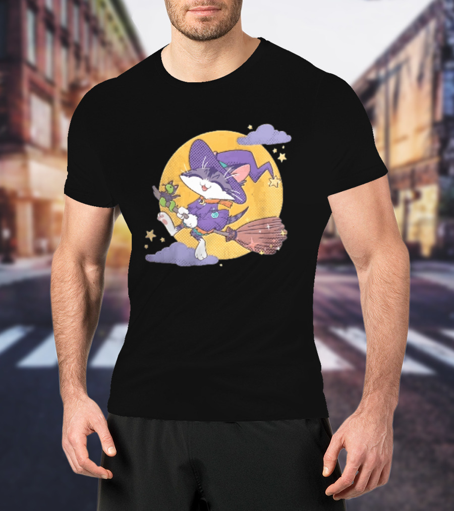 Halftone Cartoon Cat Witch Flying On Broomstick With Moon And Stars T-Shirt