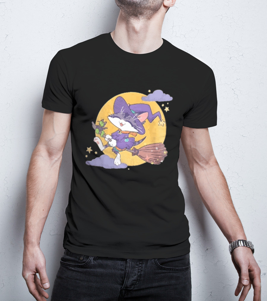 Halftone Cartoon Cat Witch Flying On Broomstick With Moon And Stars T-Shirt