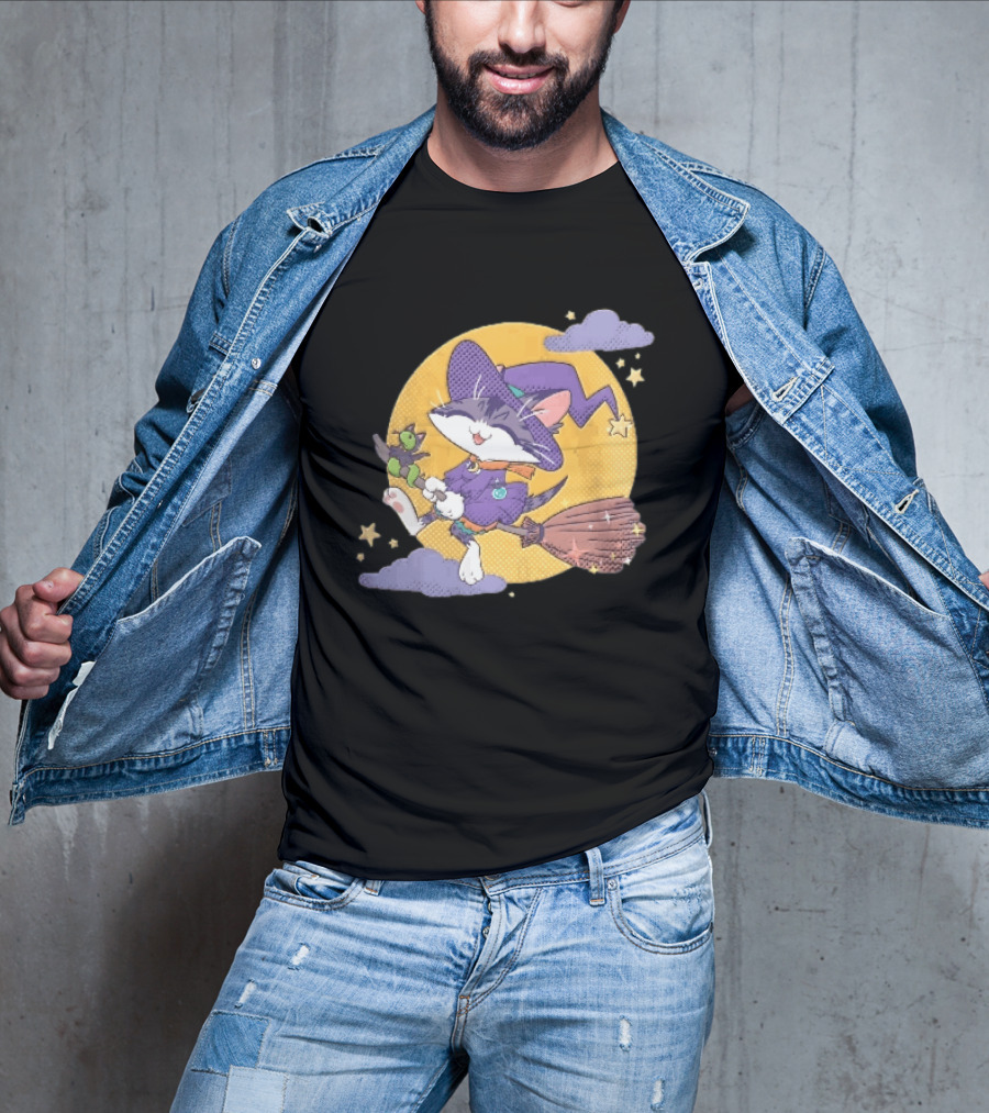 Halftone Cartoon Cat Witch Flying On Broomstick With Moon And Stars T-Shirt