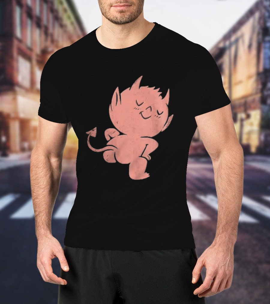 Mischievous Little Red Devil Cartoon Mooning With Distressed Texture T-Shirt