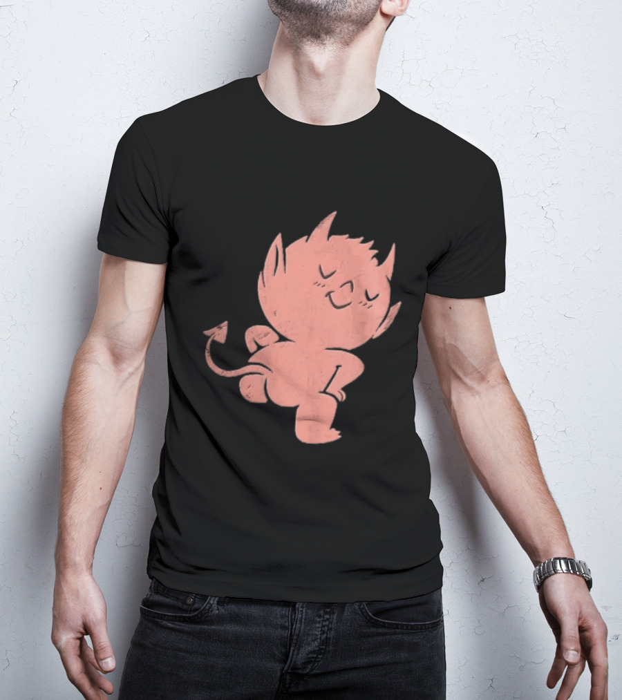 Mischievous Little Red Devil Cartoon Mooning With Distressed Texture T-Shirt