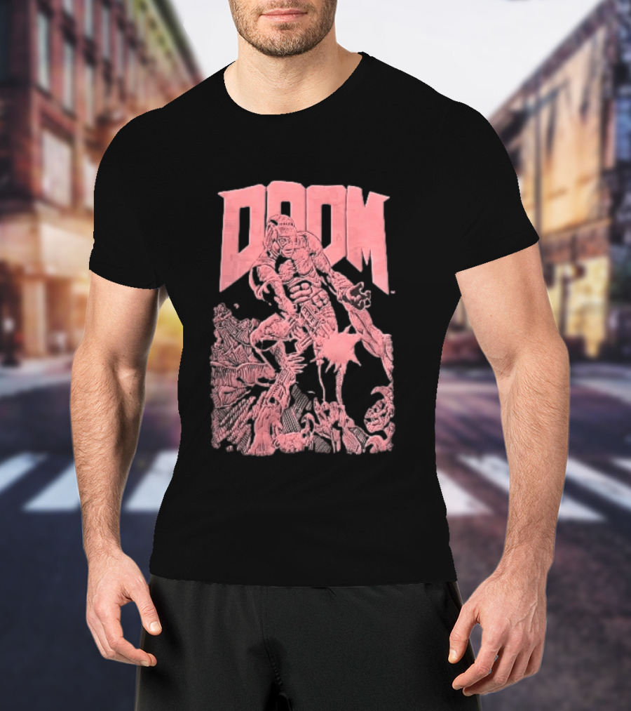 Doom Space Marine Battling Hell Demons Pink Sketch T-Shirt