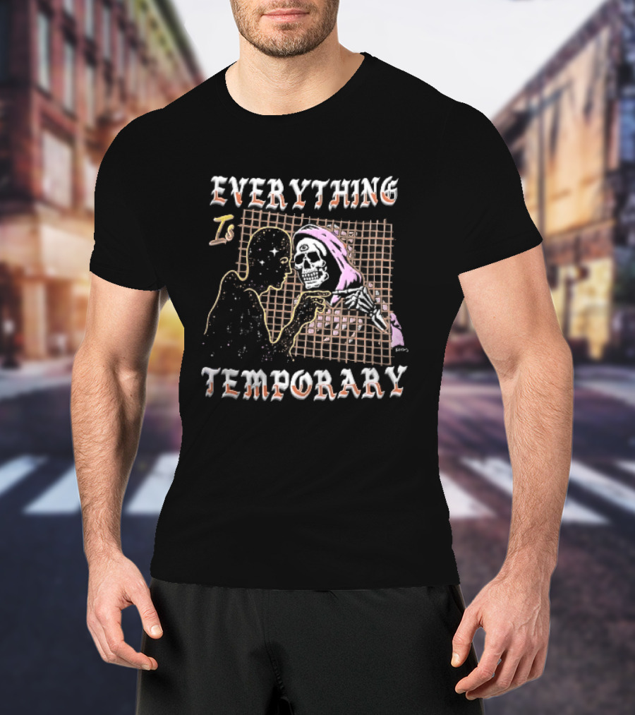 Everything Is Temporary Cosmic Skeleton Touching Fingers Grid T-Shirt