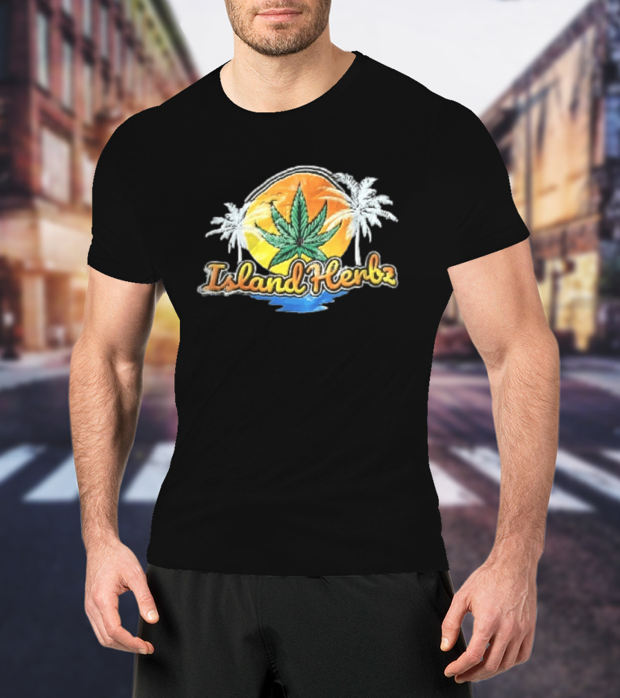 Island Herbz Cannabis Leaf Orange Sunset White Palm Trees T-Shirt