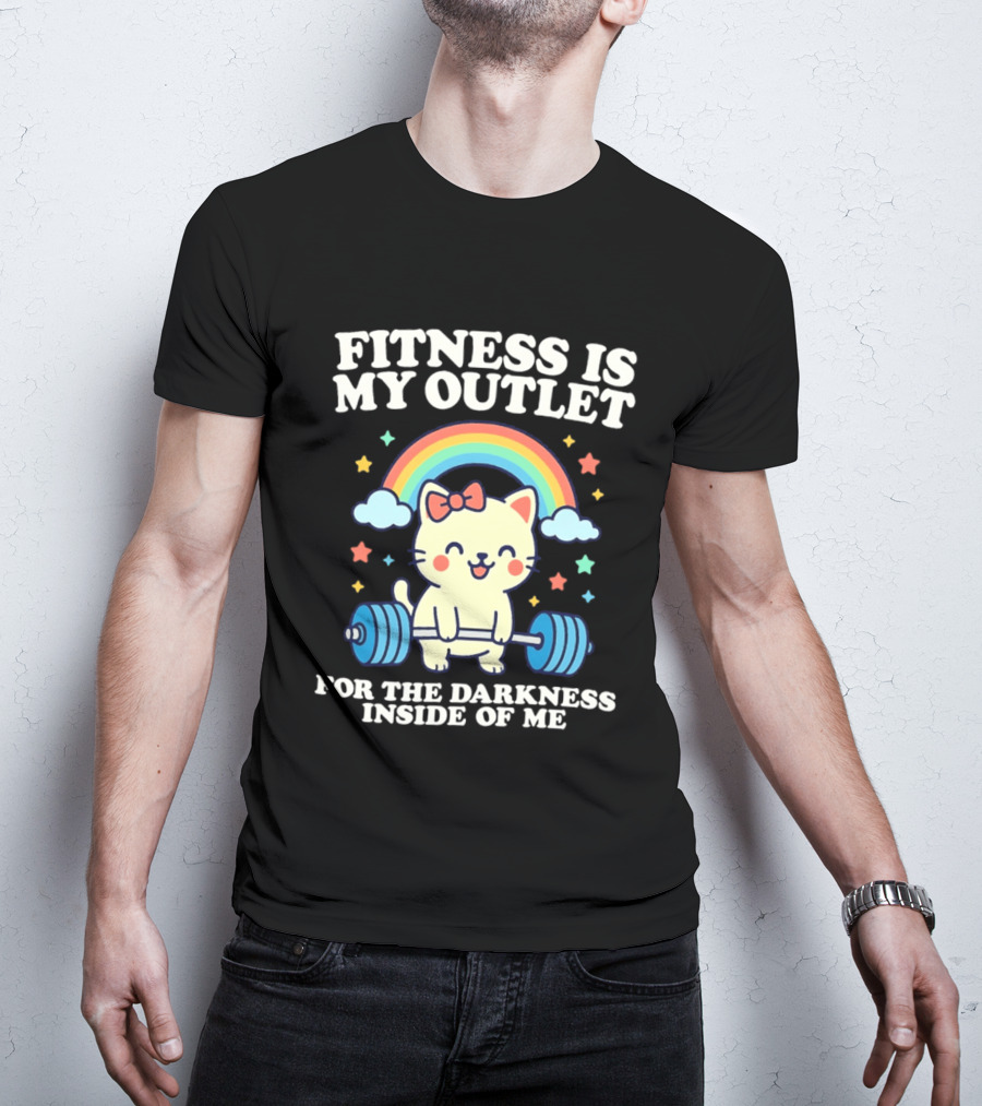 Fitness Is My Outlet For The Darkness Inside Of Me Cute Cat Weightlifting Rainbow T-Shirt