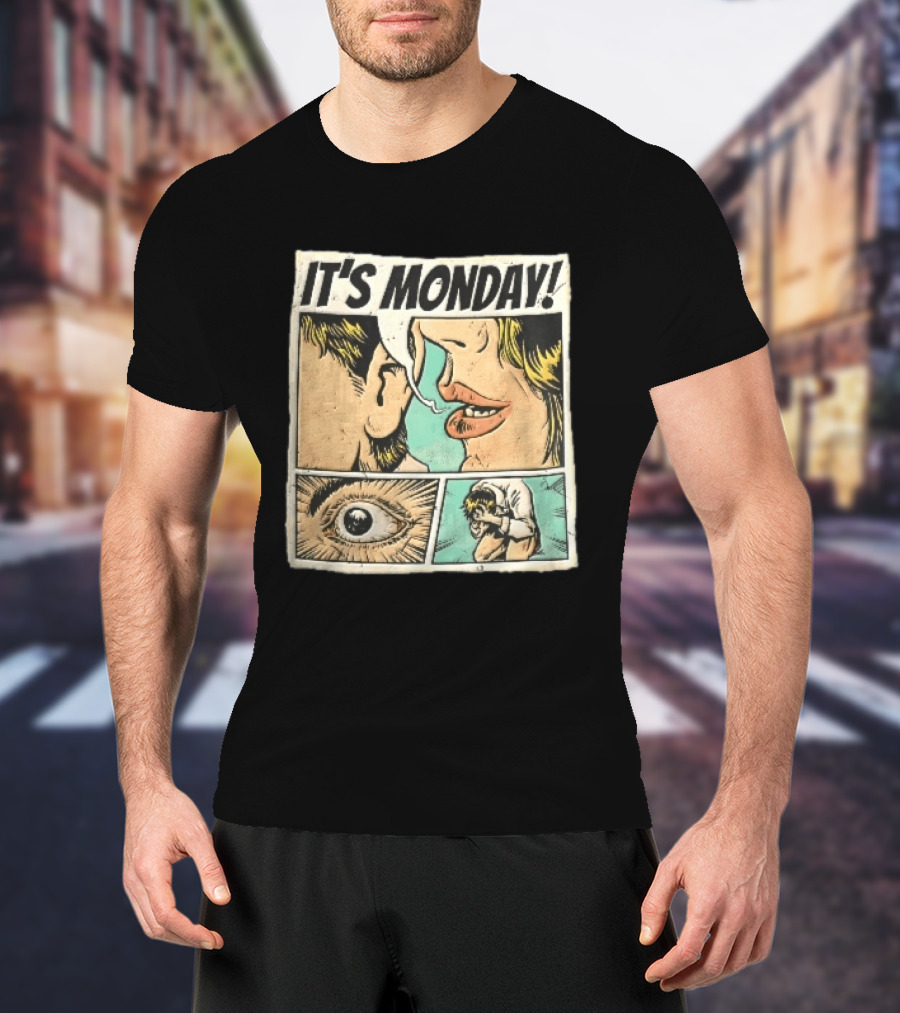 Its Monday Comic Strip Pop Art Woman Whispering Man Crying Vintage Halftone T-Shirt