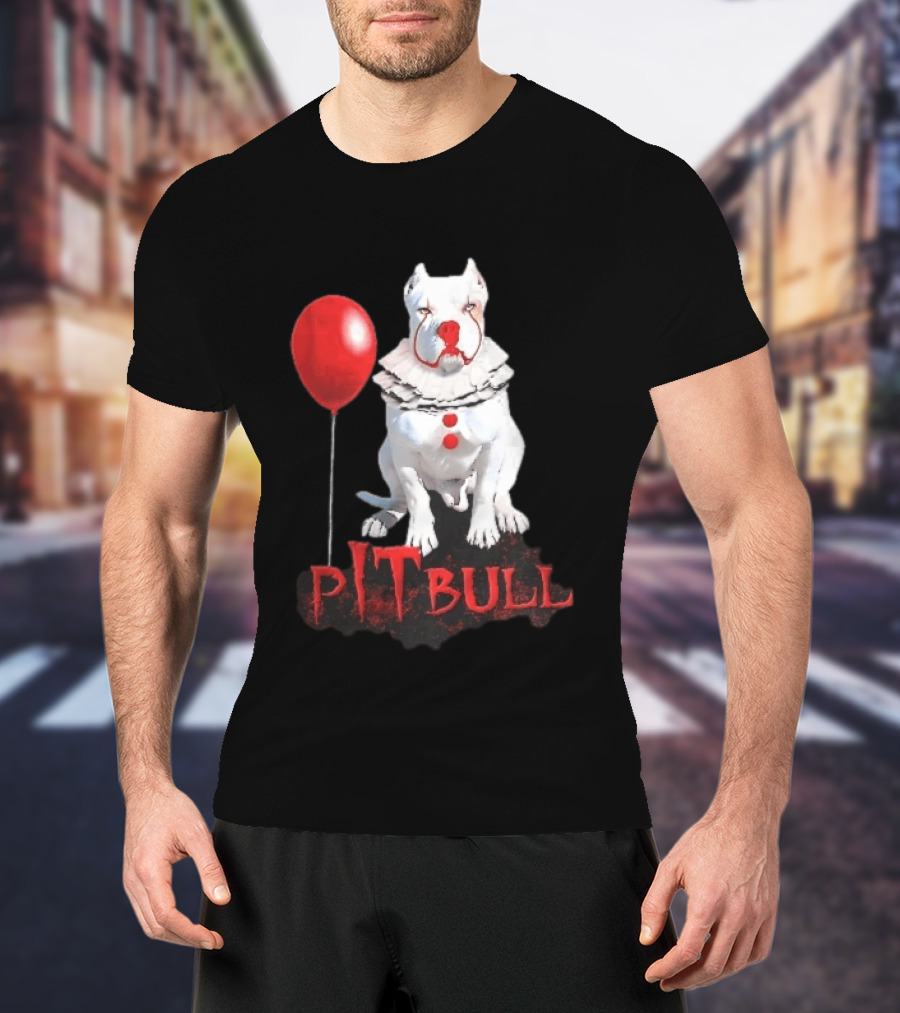 Pitbull Dog Pennywise Clown Red Balloon Distressed White T-Shirt