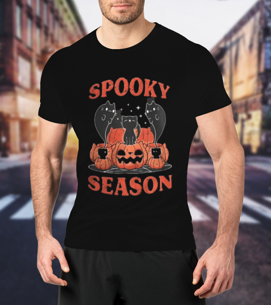 Spooky Season Black Cats Jack O Lantern Pentagram Cartoon T-Shirt