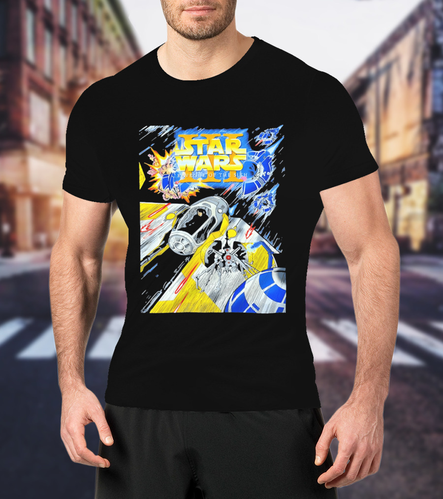 Star Wars Revenge Of The Sith Galactic Battle Artwork Featuring Anakin Skywalker And Iconic Droid Spaceships T-Shirt