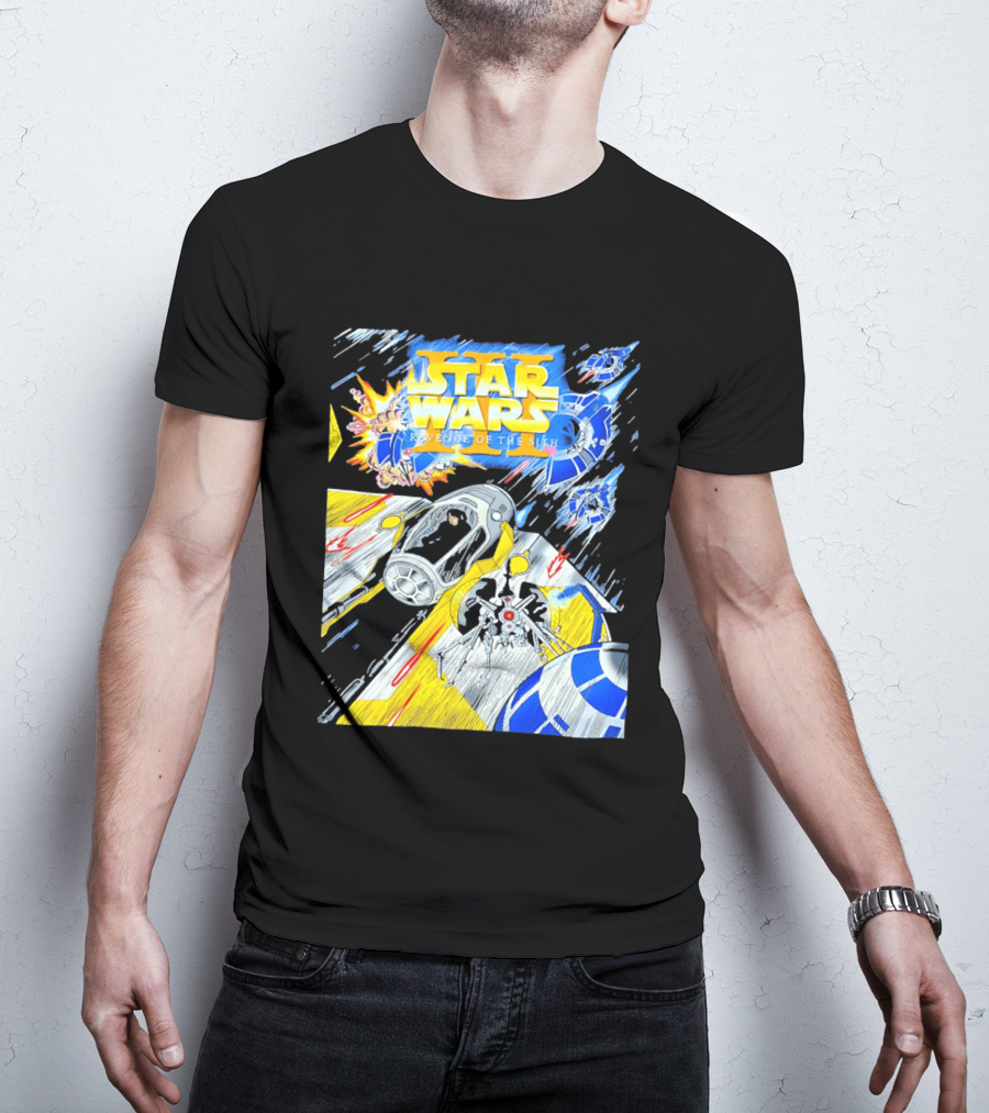 Star Wars Revenge Of The Sith Galactic Battle Artwork Featuring Anakin Skywalker And Iconic Droid Spaceships T-Shirt