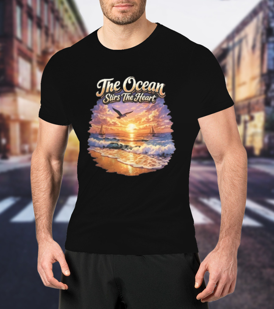 The Ocean Stirs The Heart Seagull Flying Sunset Beach Sailboats Waves T-Shirt