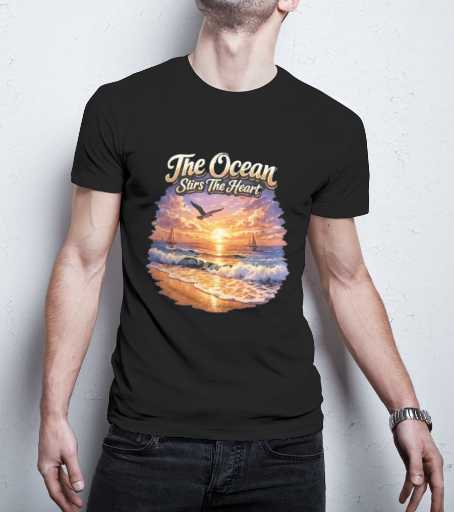 The Ocean Stirs The Heart Seagull Flying Sunset Beach Sailboats Waves T-Shirt