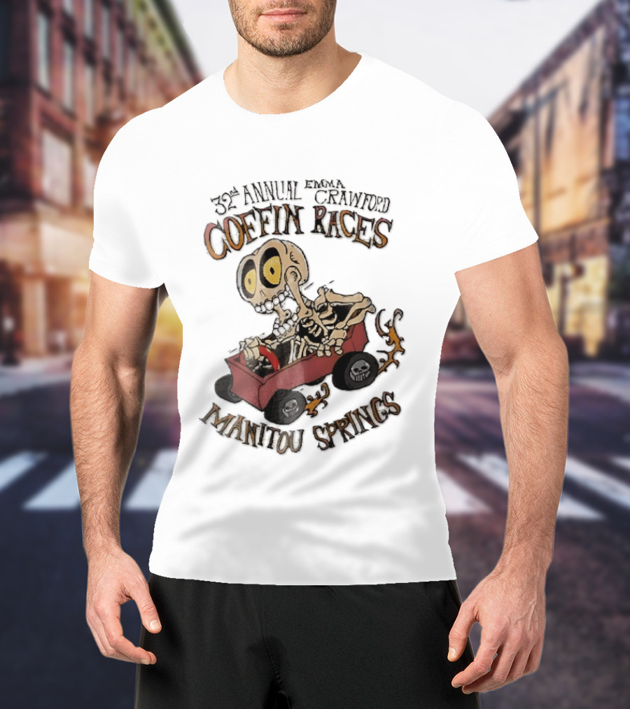 32nd Annual Emma Crawford Coffin Races Manitou Springs Cartoon Skeleton Racing Go Kart Flames T-Shirt