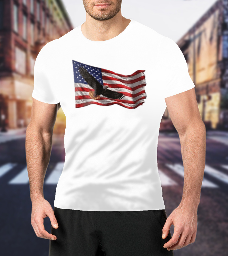 Bald Eagle Soaring Over Distressed American Flag Patriotic T-Shirt
