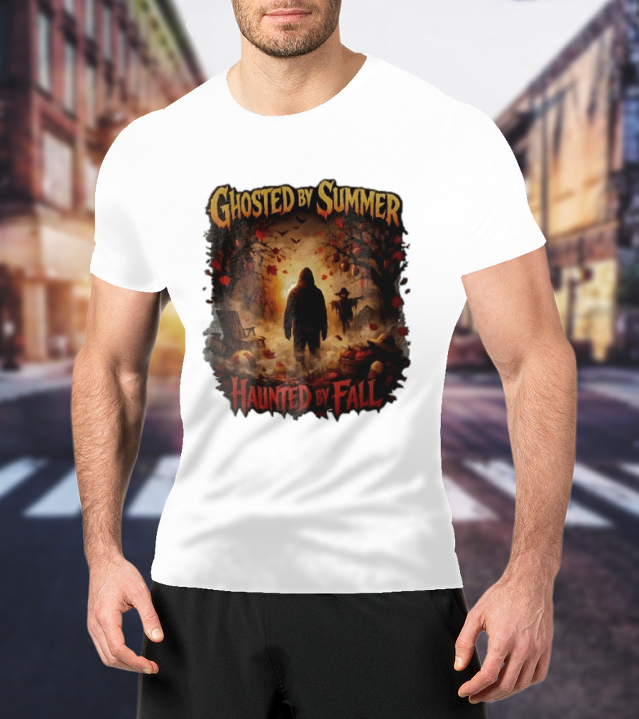 Ghosted By Summer Haunted By Fall Hooded Figure Autumn Orchard Scarecrow Pumpkins T-Shirt