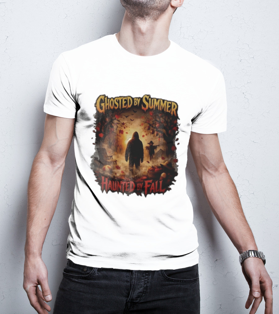 Ghosted By Summer Haunted By Fall Hooded Figure Autumn Orchard Scarecrow Pumpkins T-Shirt