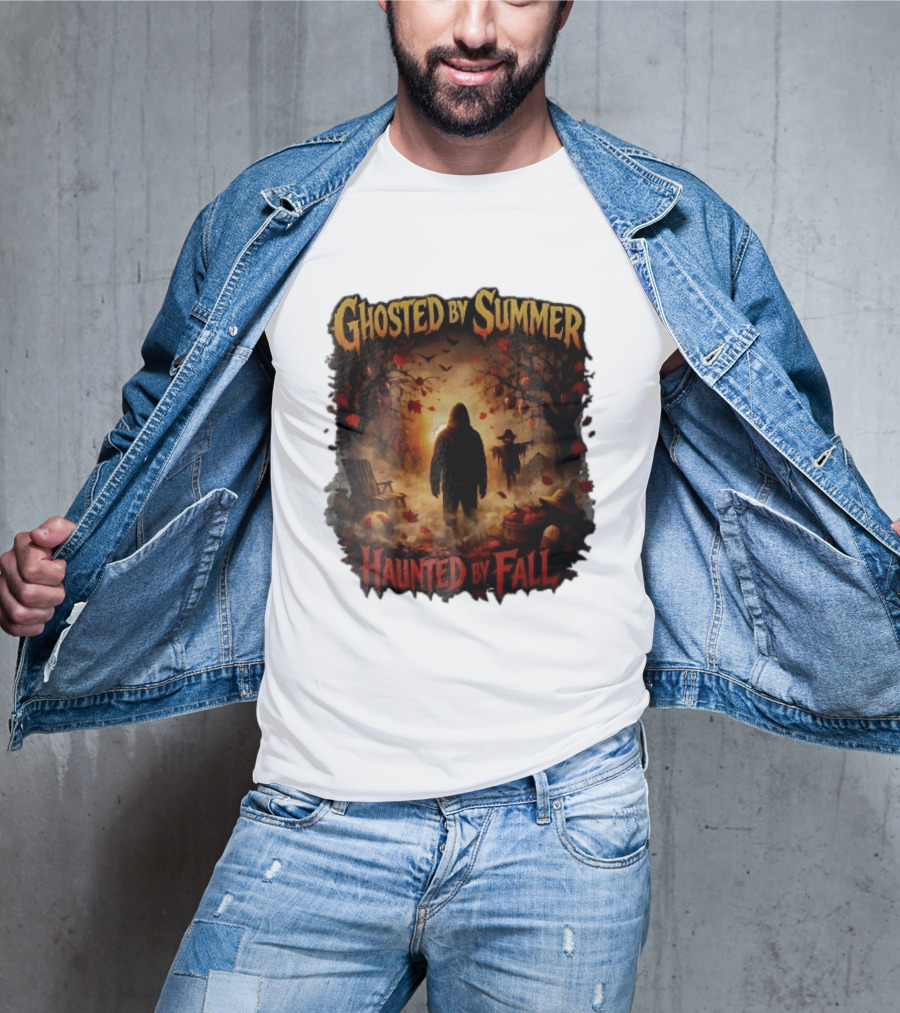 Ghosted By Summer Haunted By Fall Hooded Figure Autumn Orchard Scarecrow Pumpkins T-Shirt