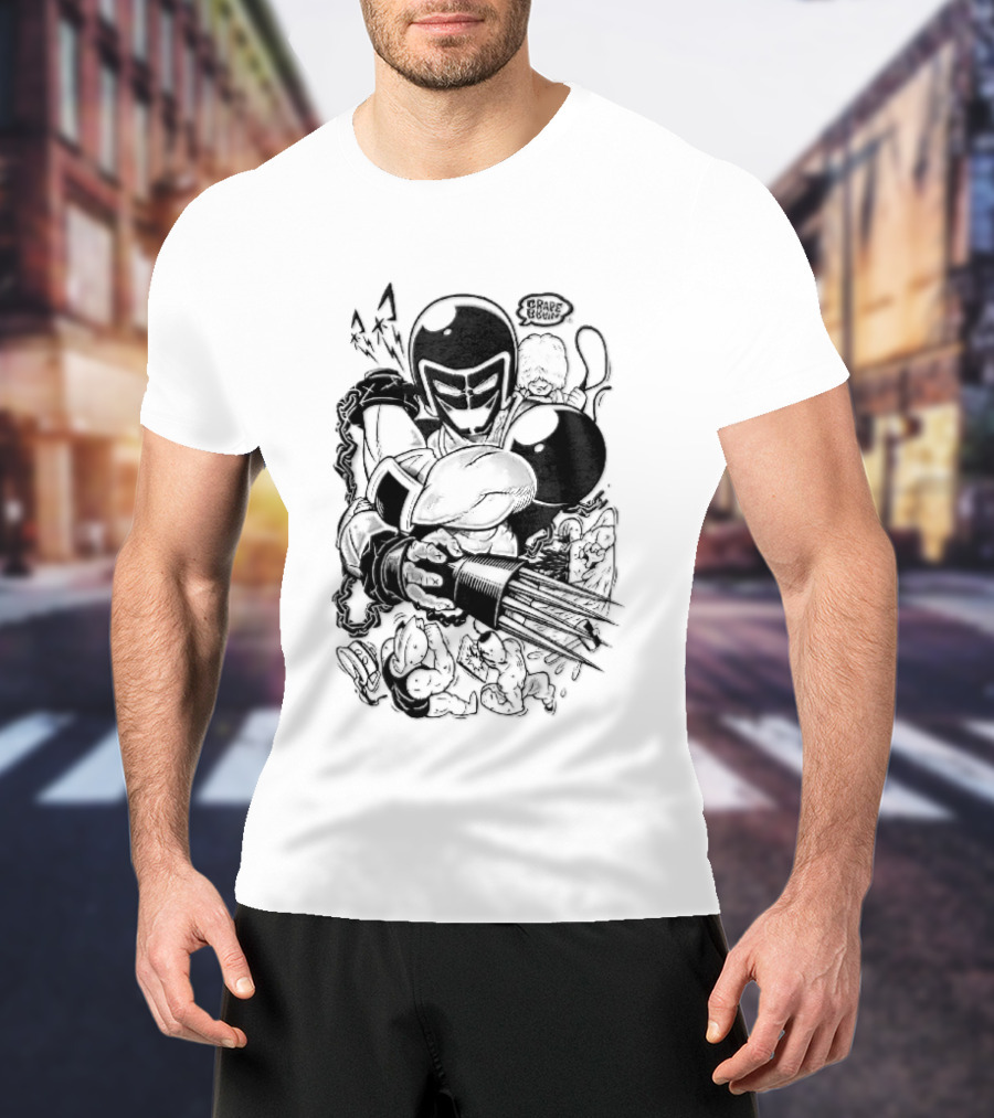 Grape Brain Masked Cyborg Wrestler Spiked Claws Chains Cartoon Line Drawing T-Shirt