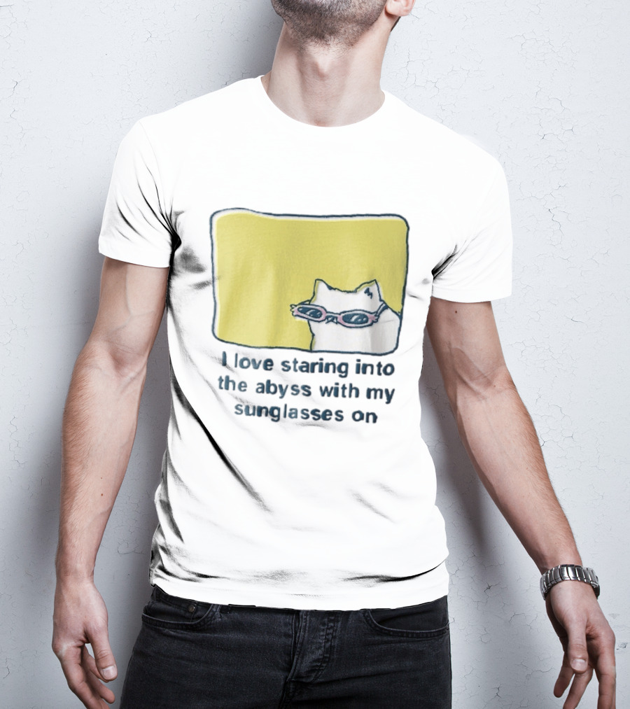 I Love Staring Into The Abyss With My Sunglasses On White Cat Pink Glasses Popcornpunk Cartoon T-Shirt