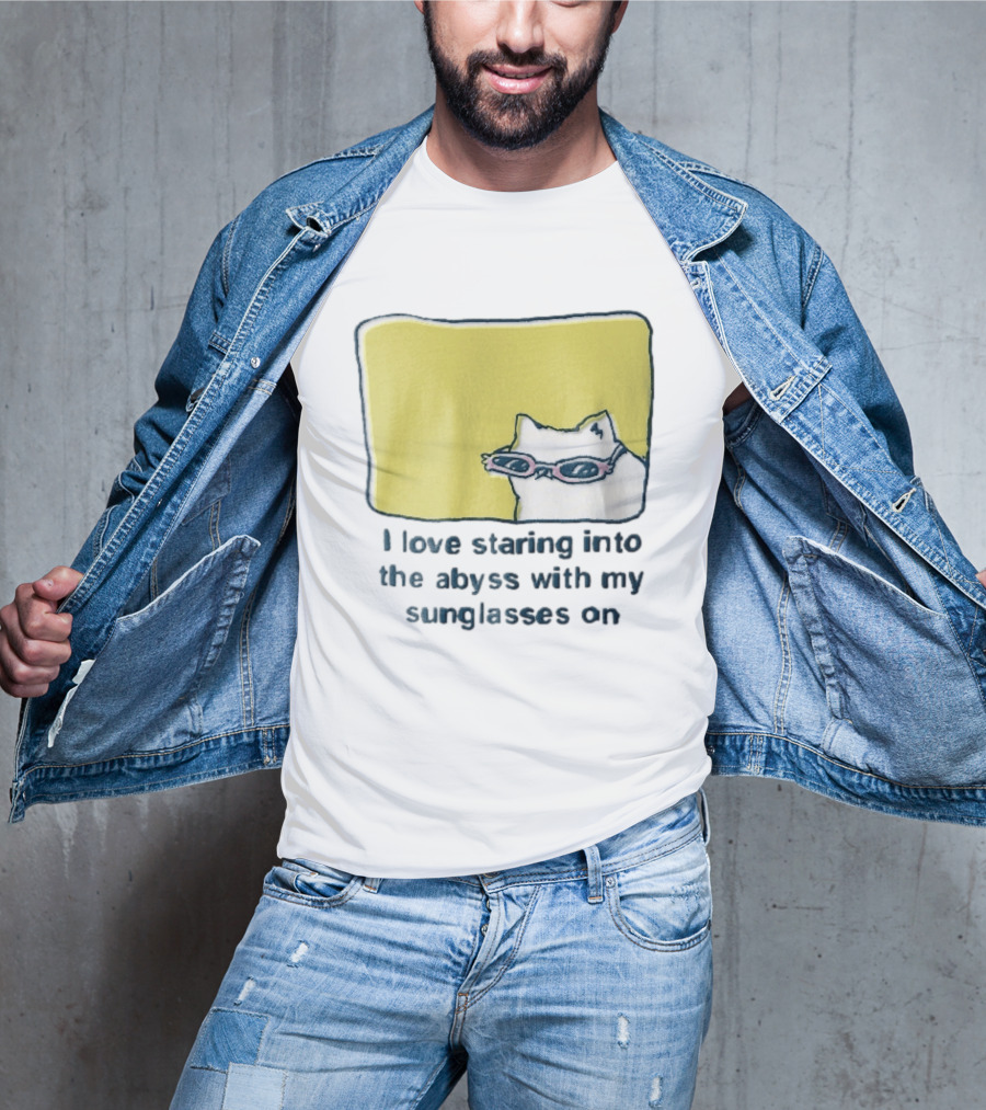 I Love Staring Into The Abyss With My Sunglasses On White Cat Pink Glasses Popcornpunk Cartoon T-Shirt