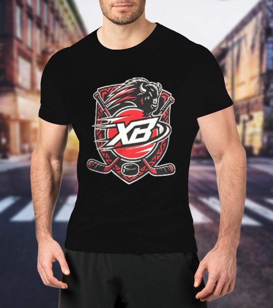 Xb Buffalo Bison Head With Crossed Hockey Sticks And Puck Shield Crest T-Shirt