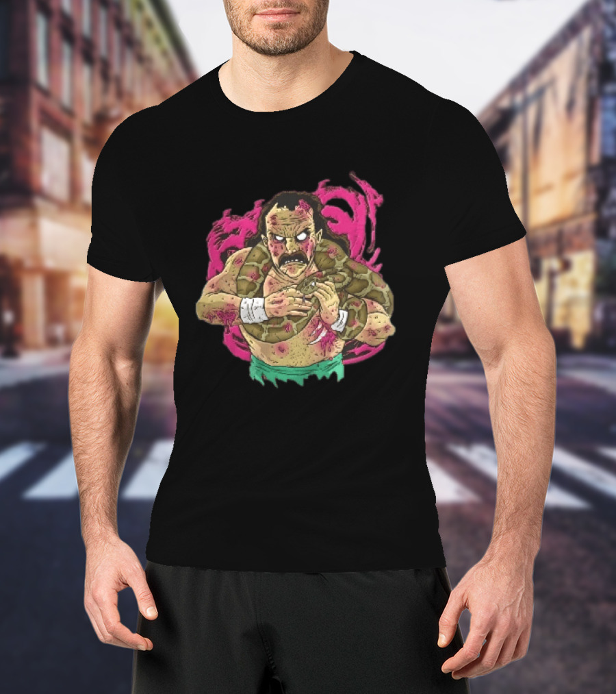 Zombie Wrestler Python Snake Pink Energy Burst Caricature T-Shirt