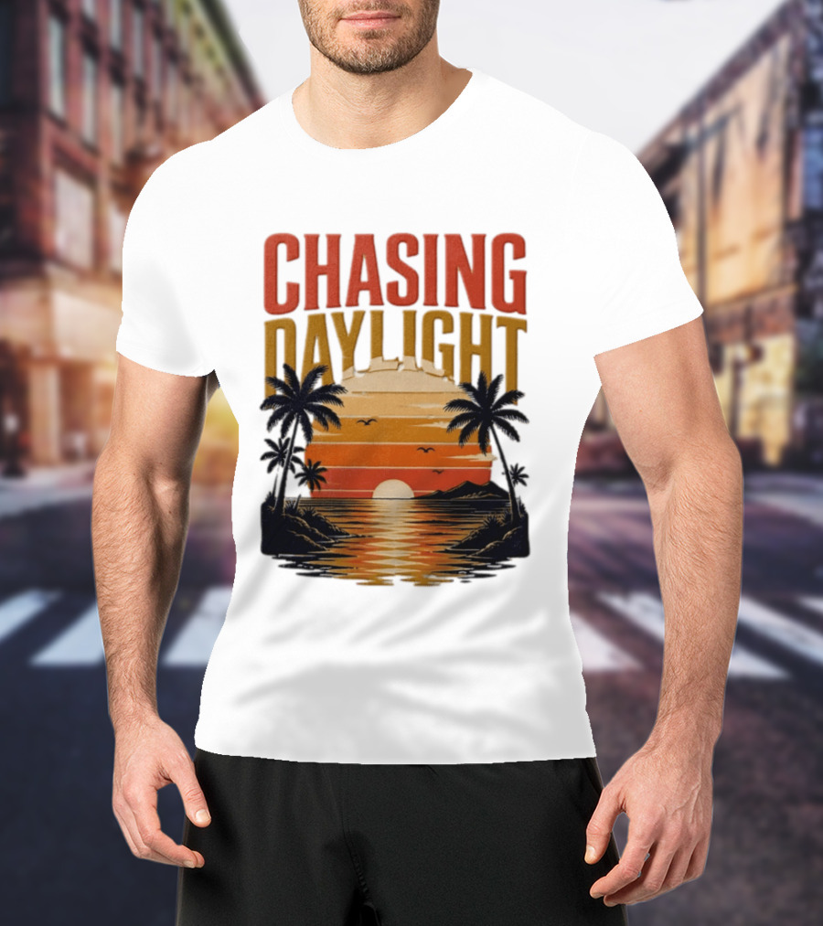 Chasing Daylight Tropical Beach Sunset Scene With Palms And Ocean Waves T-Shirt