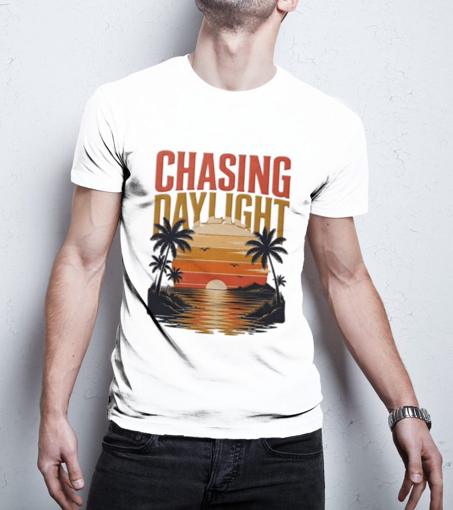 Chasing Daylight Tropical Beach Sunset Scene With Palms And Ocean Waves T-Shirt