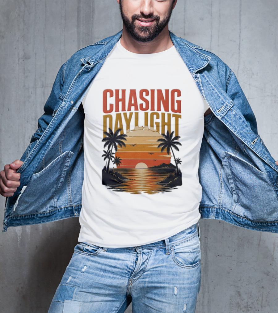 Chasing Daylight Tropical Beach Sunset Scene With Palms And Ocean Waves T-Shirt