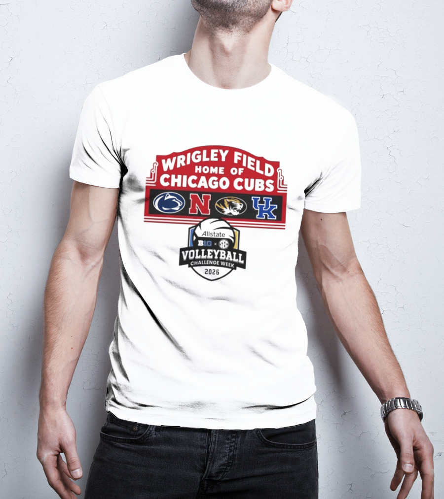 Wrigley Field Chicago Cubs Allstate 2026 Volleyball Challenge Week Penn State Nebraska Missouri Kentucky Logos T-Shirt
