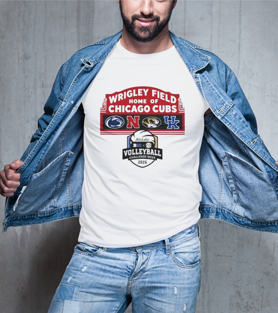 Wrigley Field Chicago Cubs Allstate 2026 Volleyball Challenge Week Penn State Nebraska Missouri Kentucky Logos T-Shirt