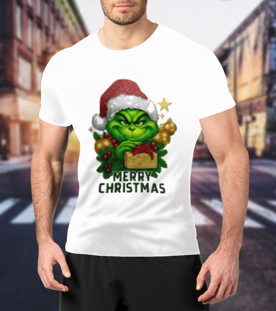 Merry Christmas Grinch Santa Claus Hat Gold Present Pine Branches T-Shirt