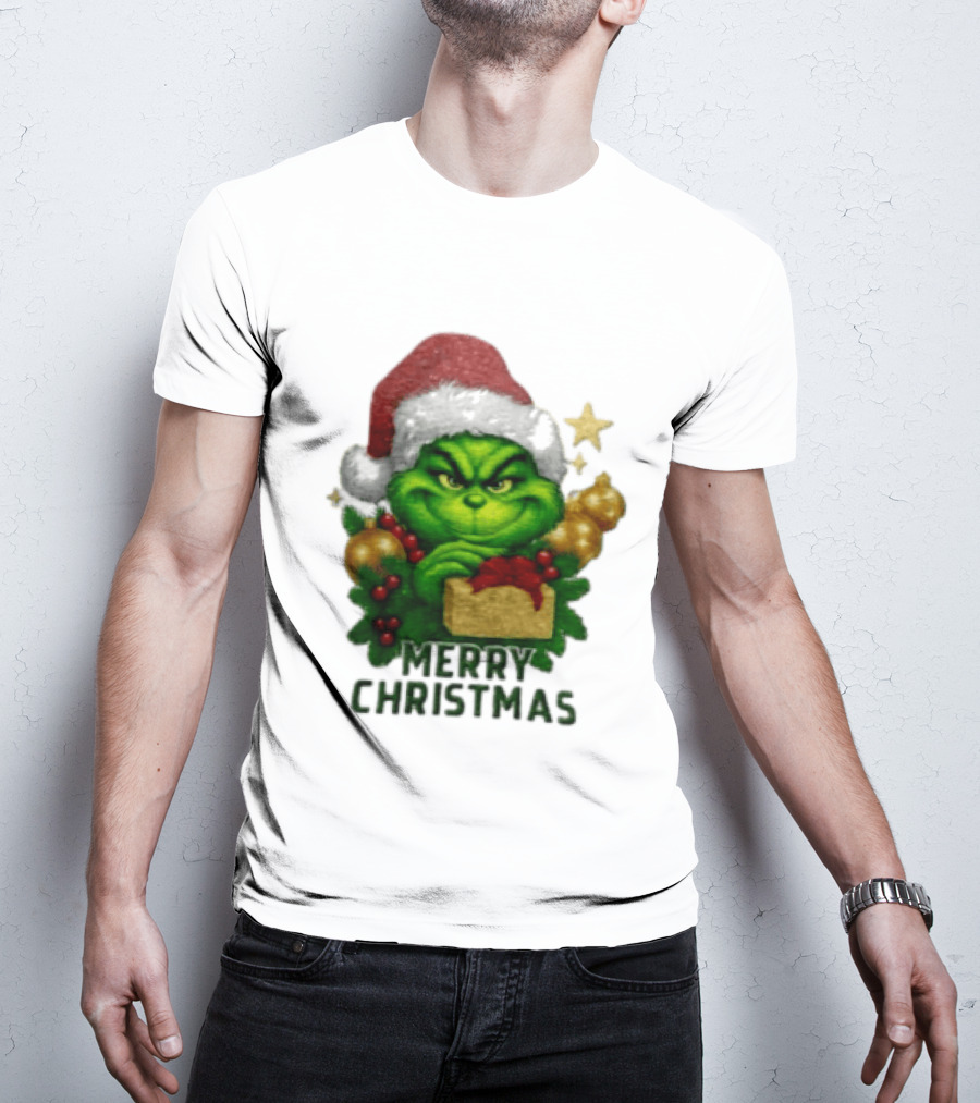 Merry Christmas Grinch Santa Claus Hat Gold Present Pine Branches T-Shirt