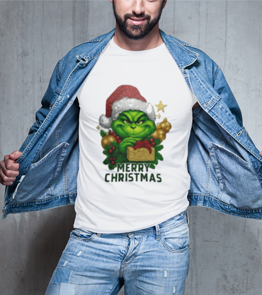 Merry Christmas Grinch Santa Claus Hat Gold Present Pine Branches T-Shirt