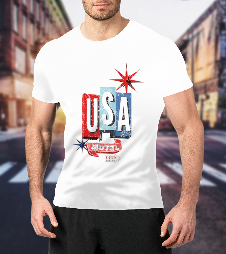 USA Motel Open 24 Hours Retro Sign With Stars T-Shirt