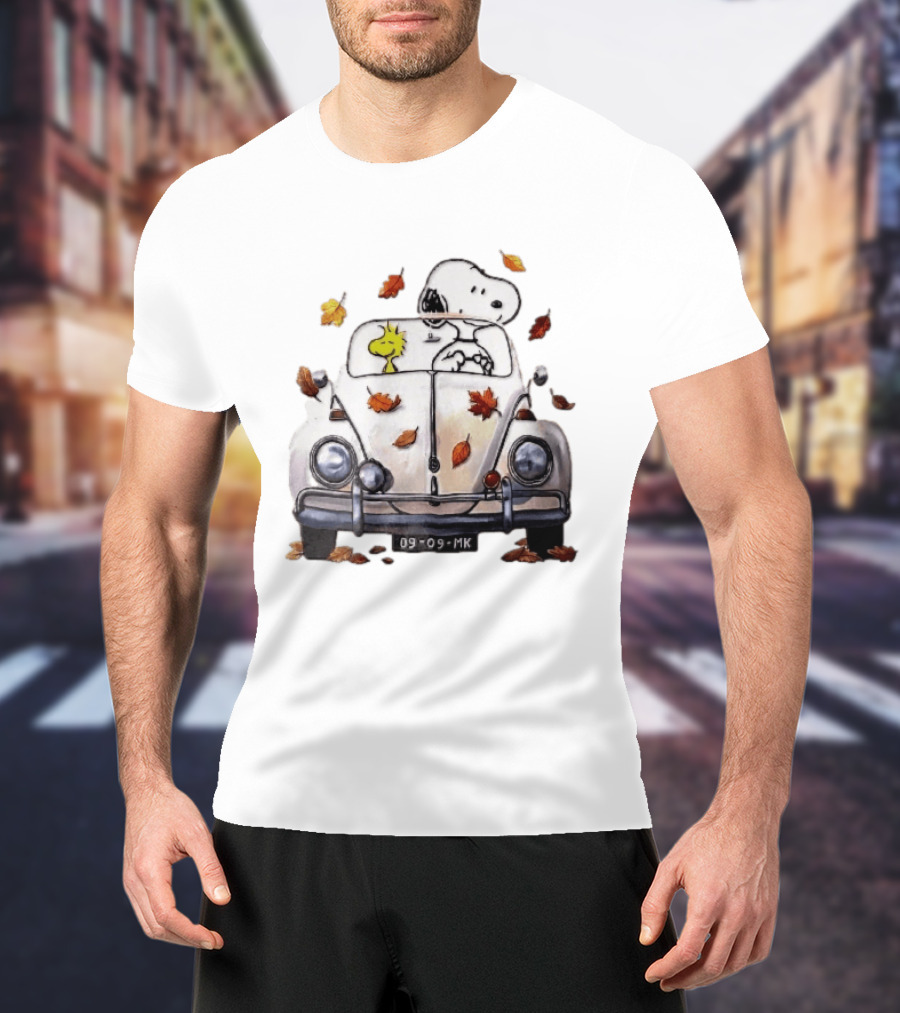 Peanuts Snoopy Woodstock Driving Car Autumn Leaves Watercolor Cartoon 09 Mk T-Shirt