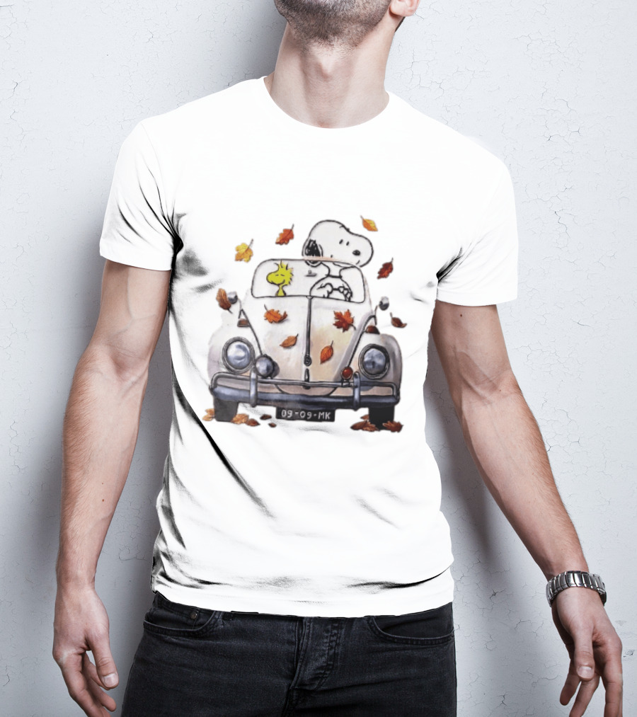Peanuts Snoopy Woodstock Driving Car Autumn Leaves Watercolor Cartoon 09 Mk T-Shirt
