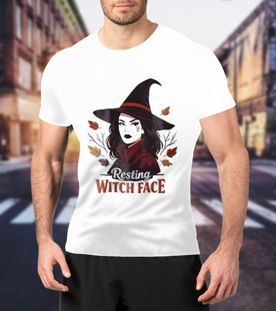 Resting Witch Face Dark Hair Woman Pointy Hat Autumn Leaves Halloween T-Shirt