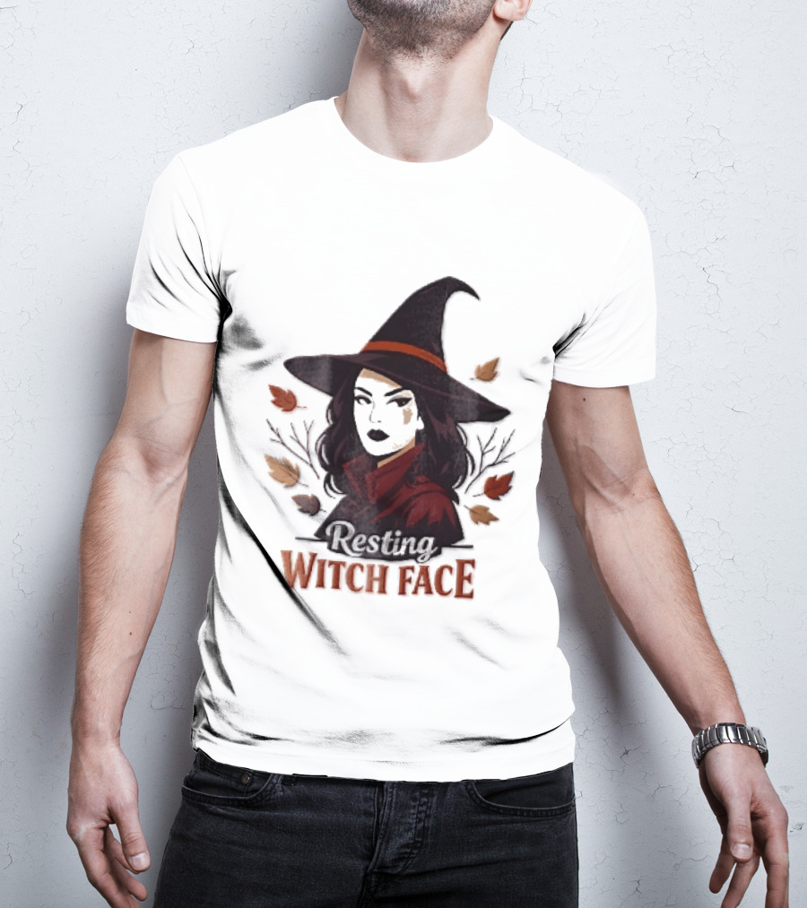 Resting Witch Face Dark Hair Woman Pointy Hat Autumn Leaves Halloween T-Shirt