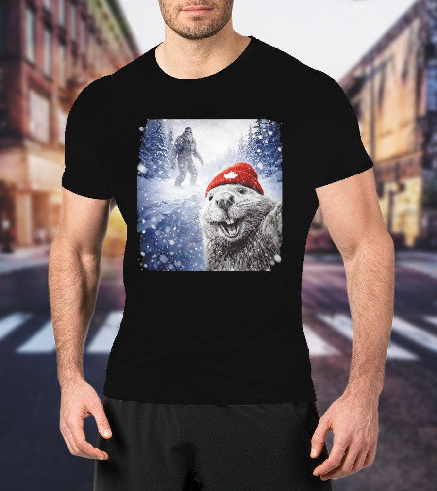 Beaver Selfie With Sasquatch In Snowy Canadian Forest T-Shirt